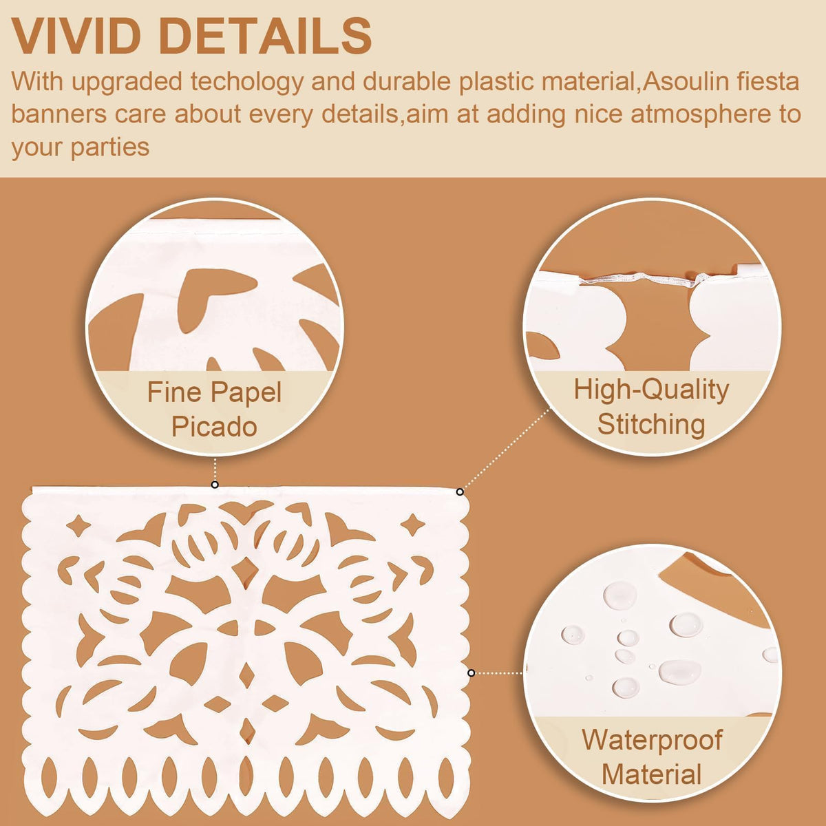 Asoulin white papel picado banner fruits pattern for celebratory decor.