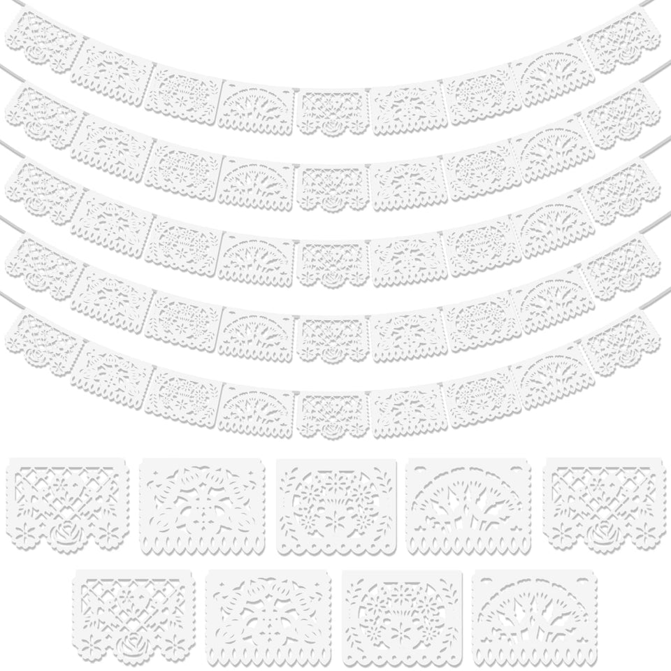 Asoulin white papel picado banner with heart pattern adds festive charm to celebrations.