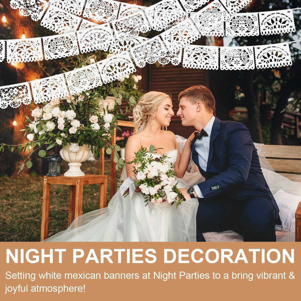Asoulin white papel picado banner wedding setup for romantic celebrations.