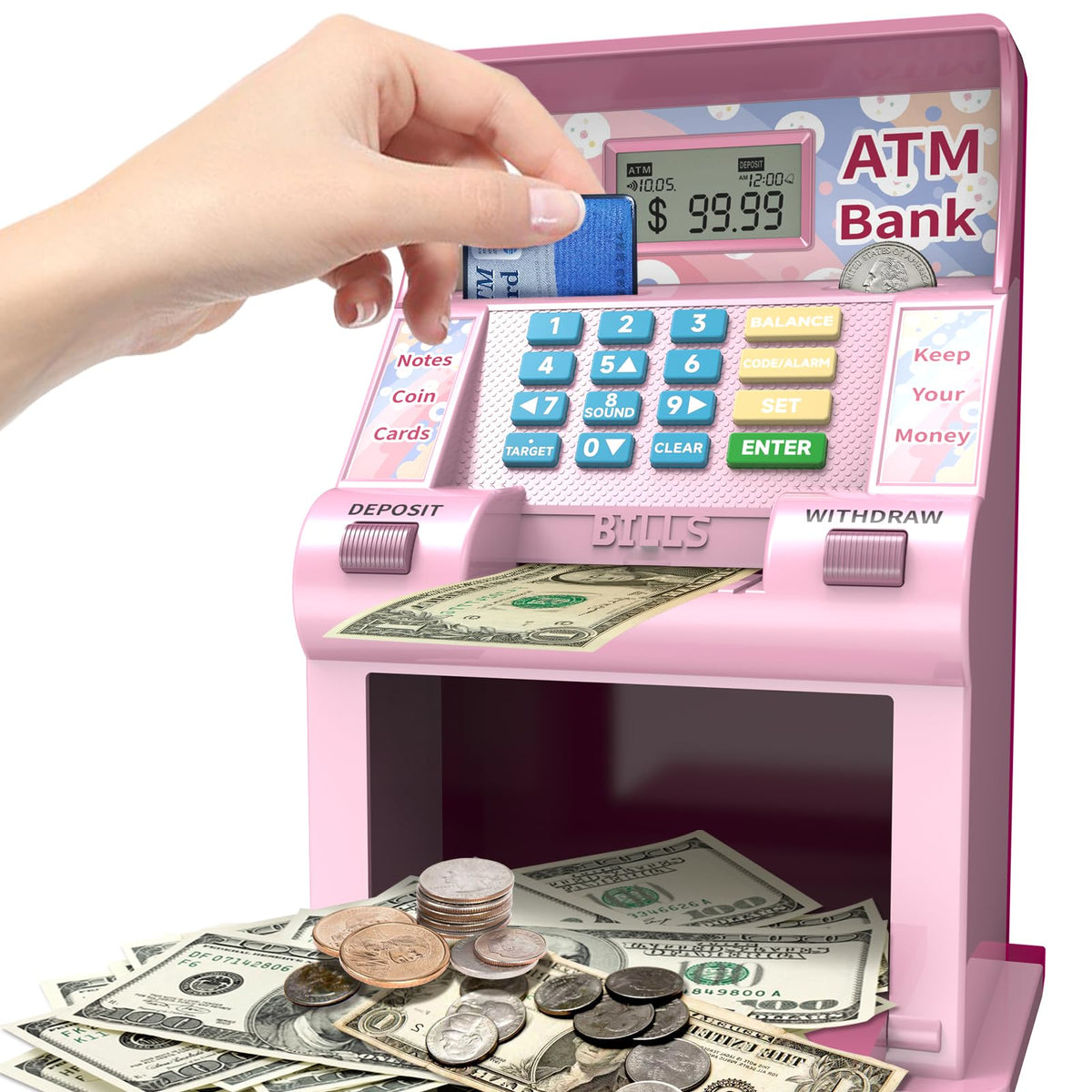 ASRIO ATM piggy bank card-deposit: kids practice deposits with guided prompts.