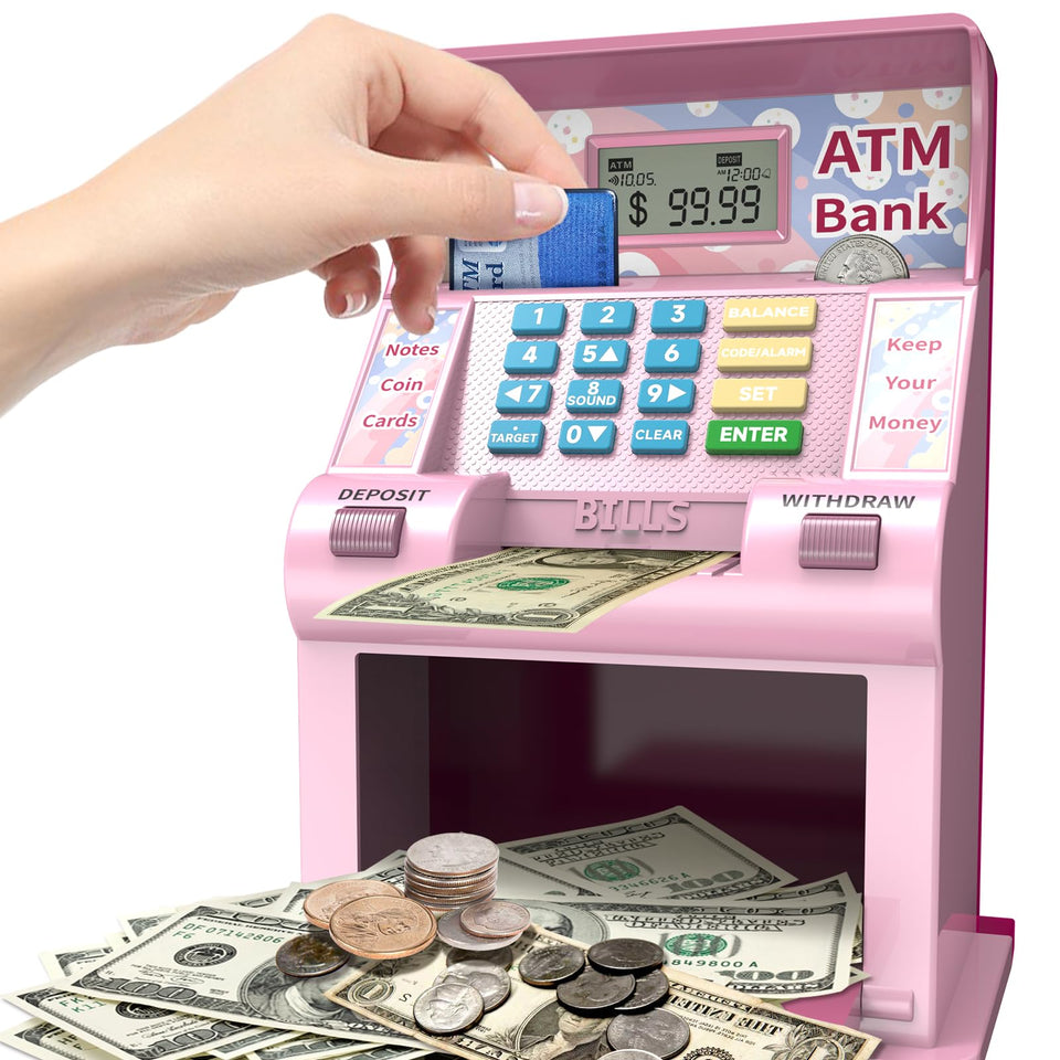ASRIO ATM piggy bank card-deposit: kids practice deposits with guided prompts.