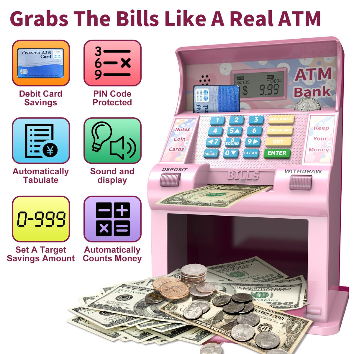 ASRIO ATM piggy bank savings-goal: progress toward a target encourages planning.