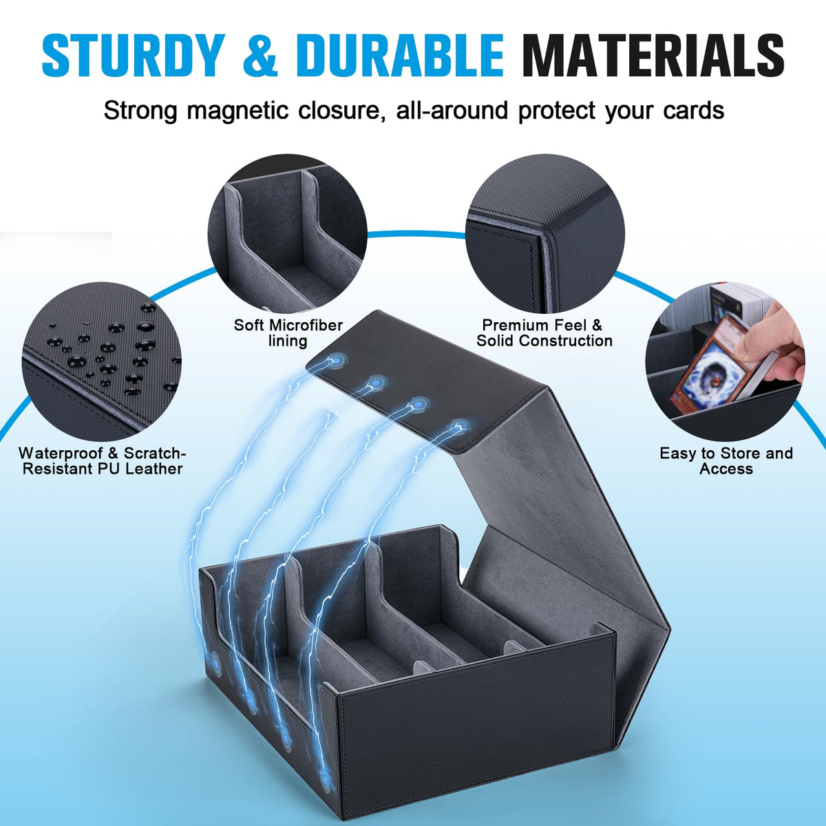 Astrell deck box with magnetic closure keeps contents safely closed during travel.