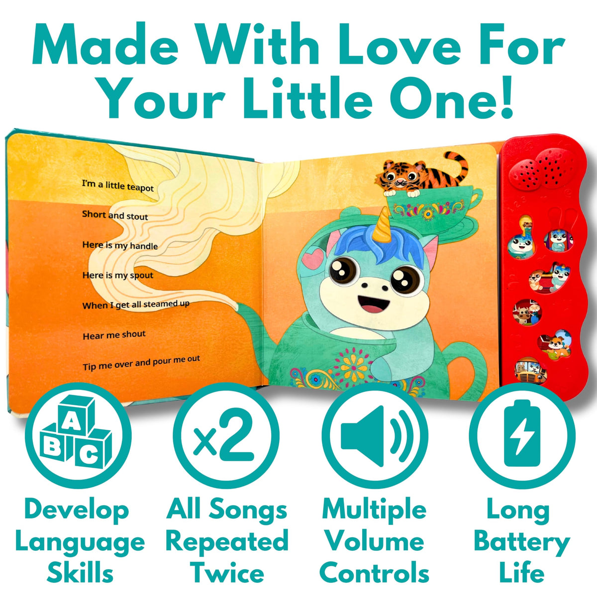 Astro Learns English learning songs buttons close-up highlighting six easy controls