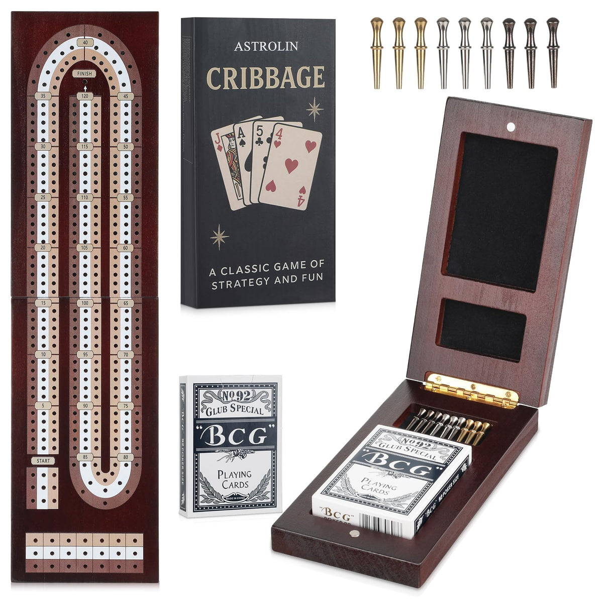 ASTROLIN cribbage board in natural pine with three tracks for smooth play