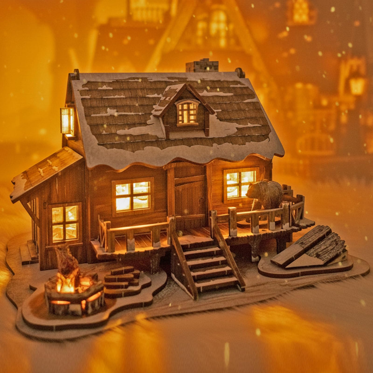 Astshun&co LED 3D Winter Cabin interior view highlights cozy lighting and details for holiday display.