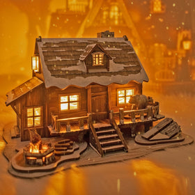 Astshun&co LED 3D Winter Cabin interior view highlights cozy lighting and details for holiday display.