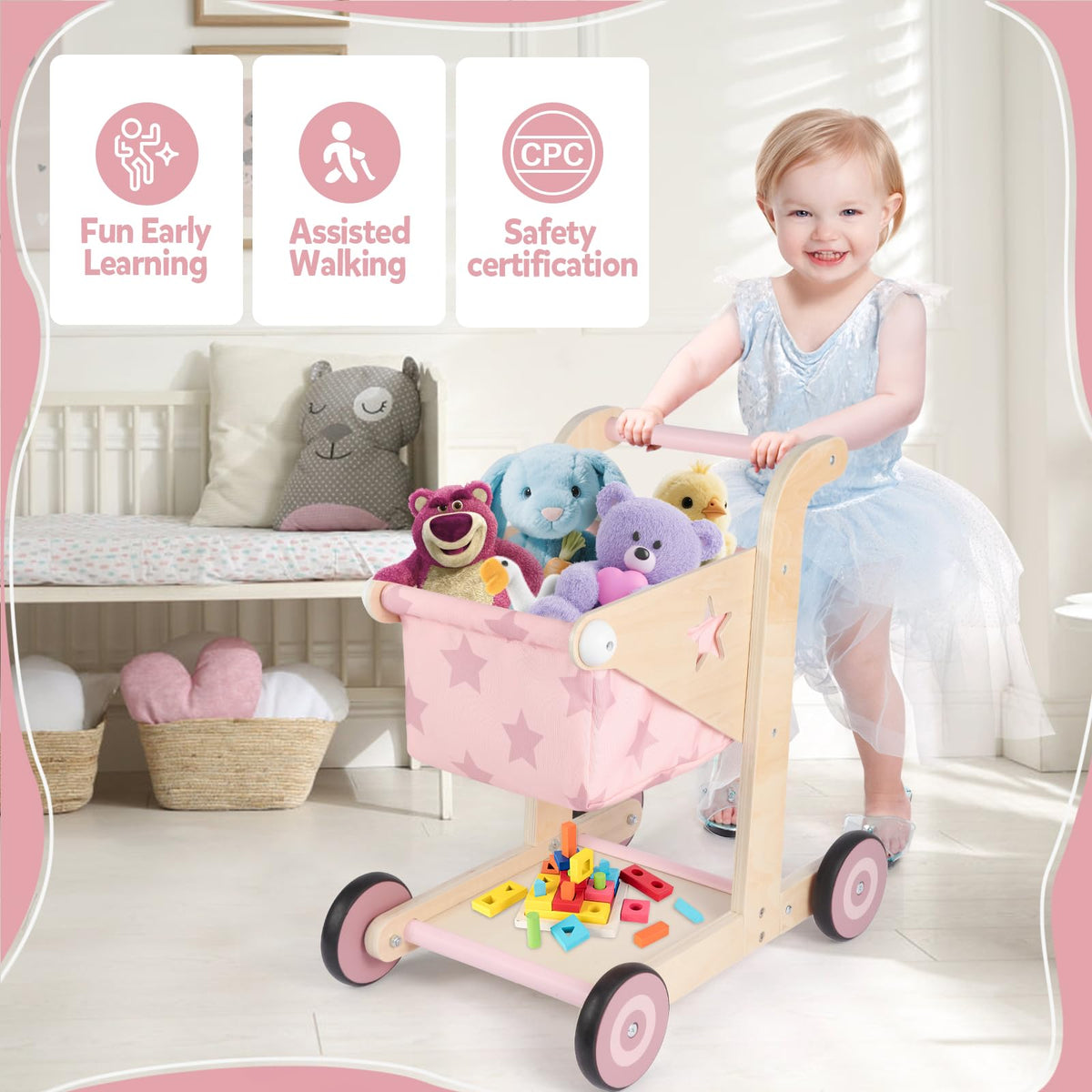 Asweets 2-in-1 walker doll-seat pink for pretend outings with a doll