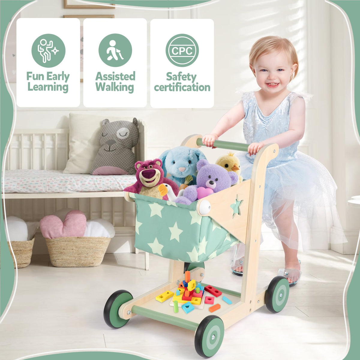 Asweets 2-in-1 wooden walker features a doll seat for pretend shopping