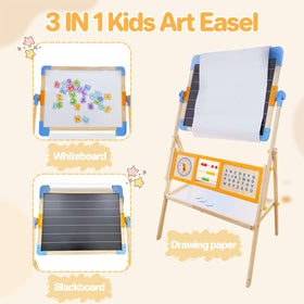 Asweets 3-in-1 easel bottom shelf keeps crayons and tools organized.