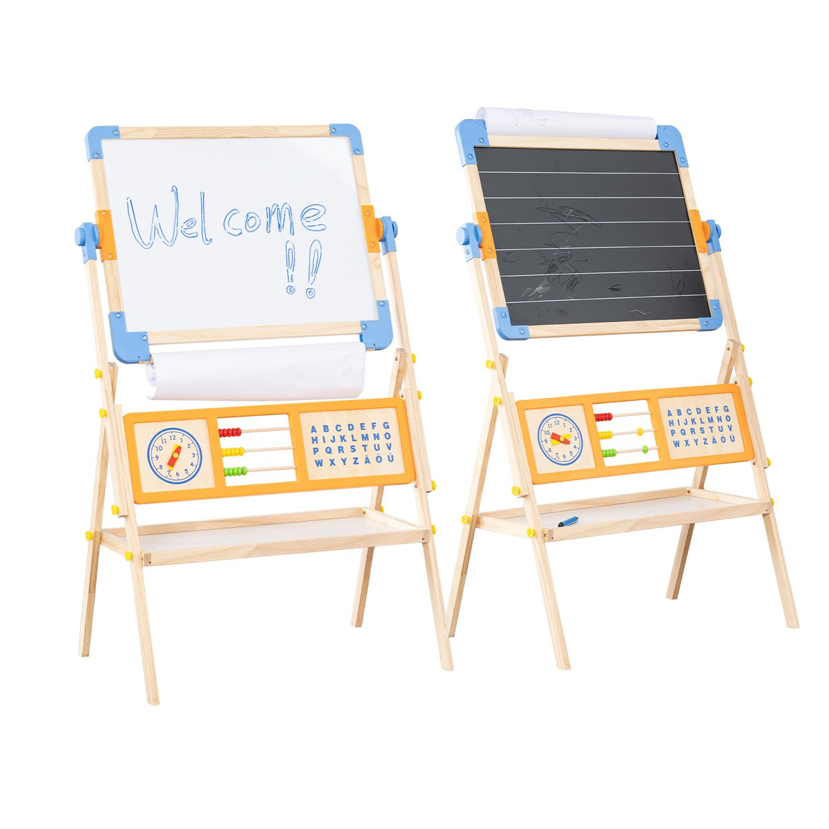 Asweets 3-in-1 kids art easel front view with magnetic board and paper roll.