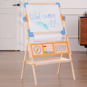 Asweets 3-in-1 kids easel side view showing sturdy wooden frame and rounded edges.