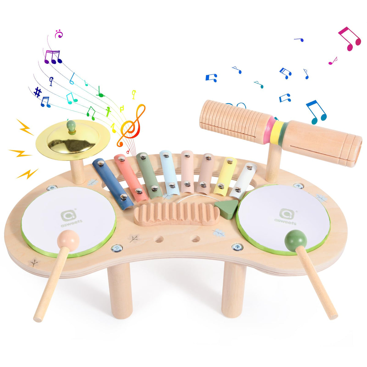 Asweets 7-in-1 drum set moon assembly invites easy setup for toddlers.