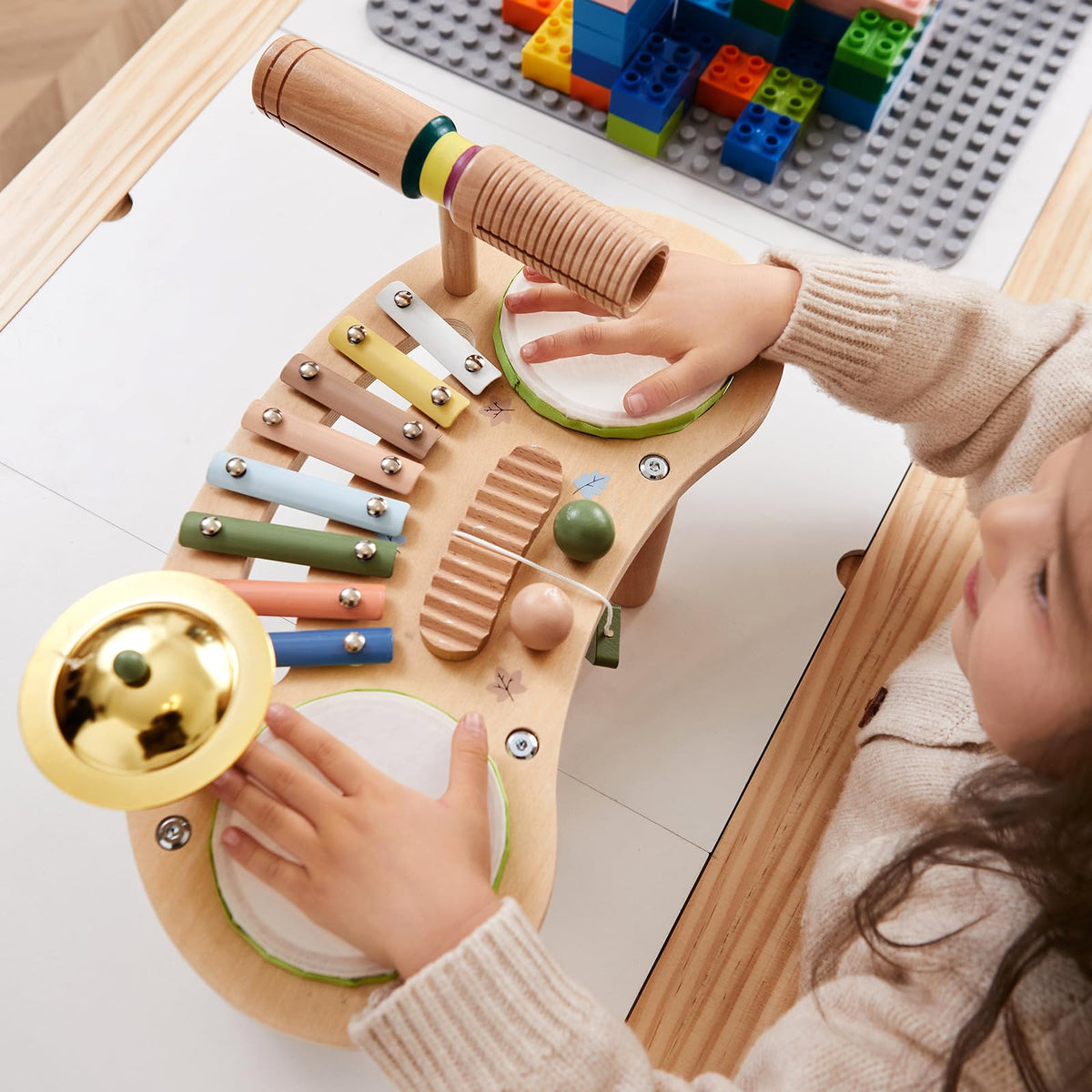 Asweets 7-in-1 drum set xylophone close-up encourages exploratory music play.
