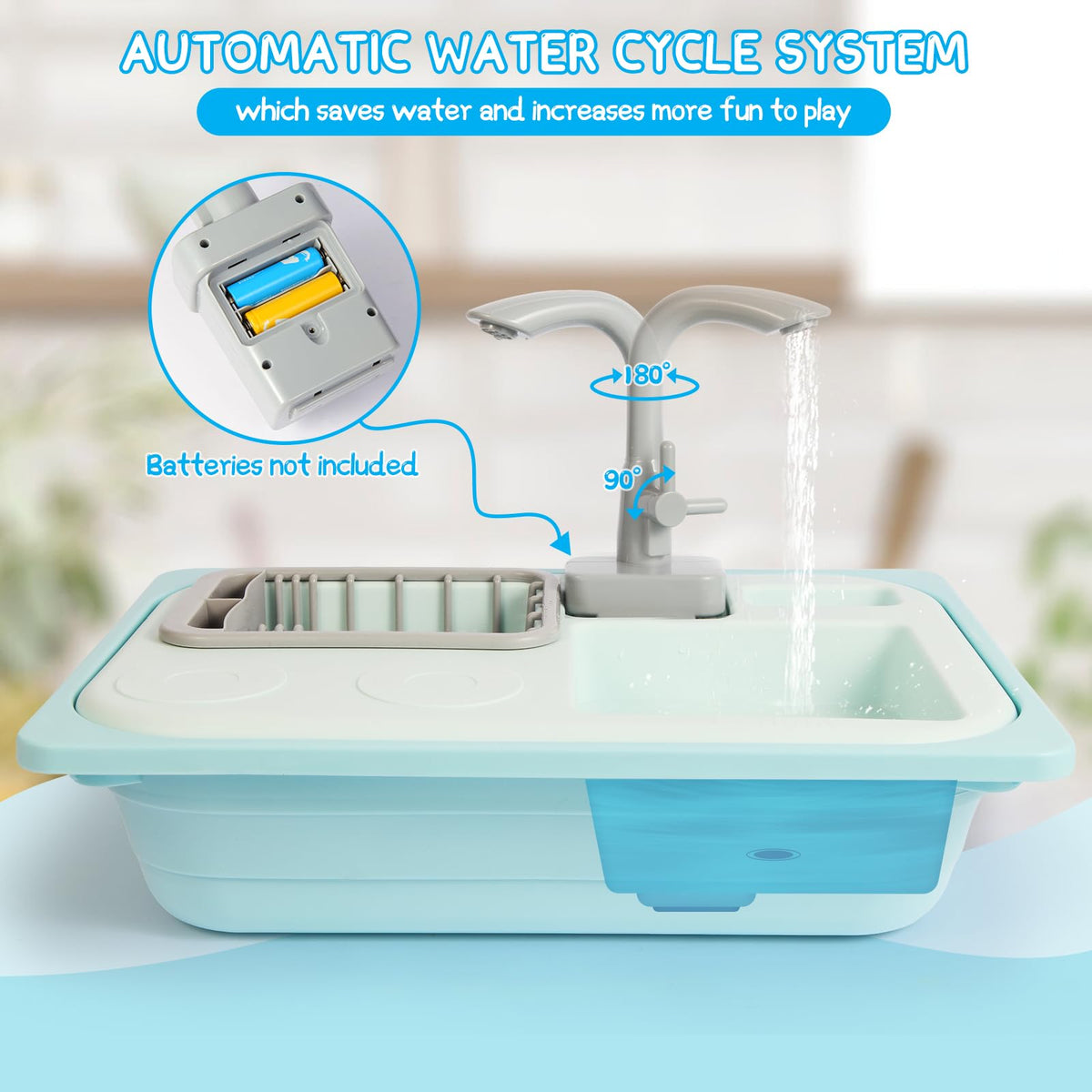 Asweets color-changing accessories in blue highlight cups and plates for color learning.