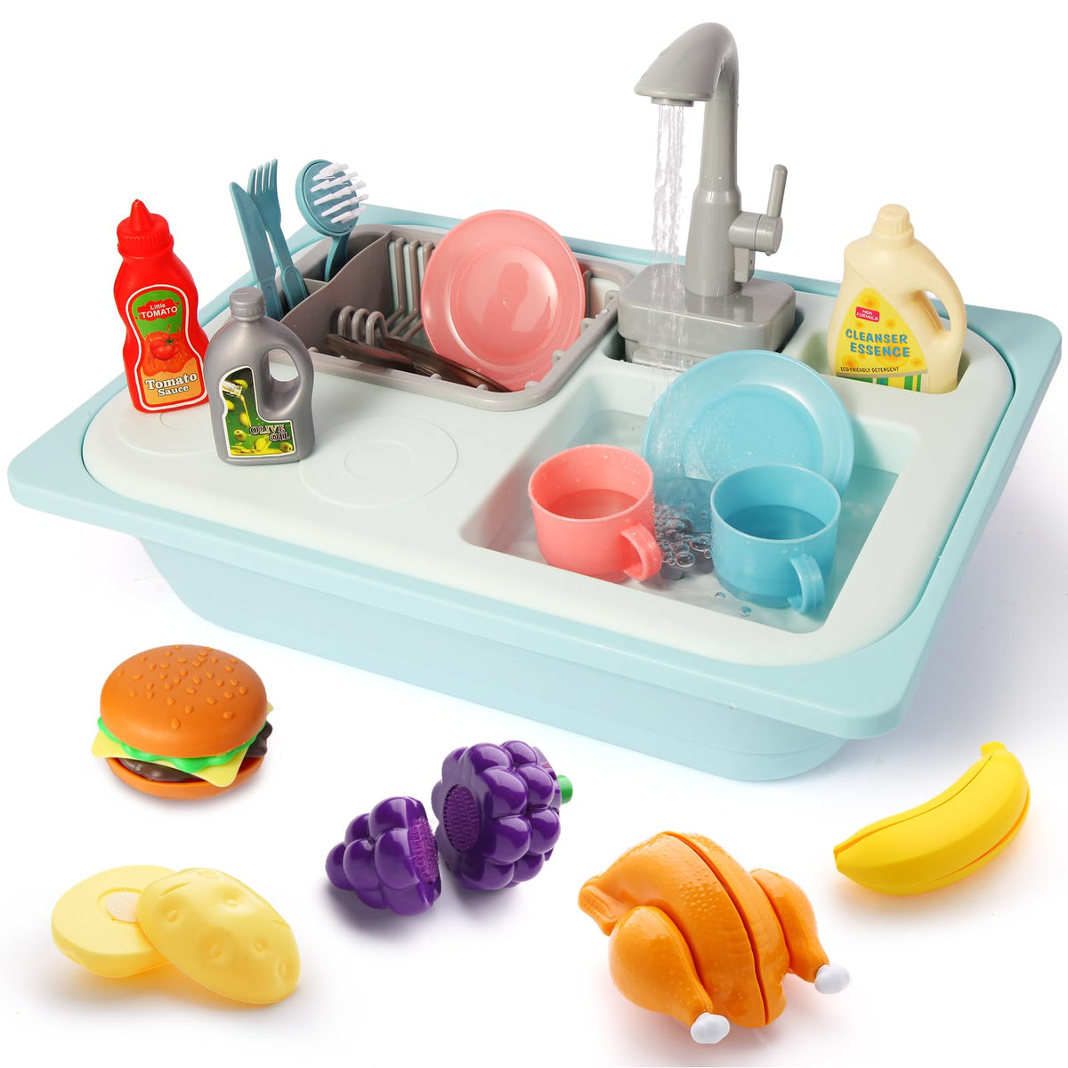 Asweets color-changing kitchen sink toy with blue faucet shows running water for imaginative play.