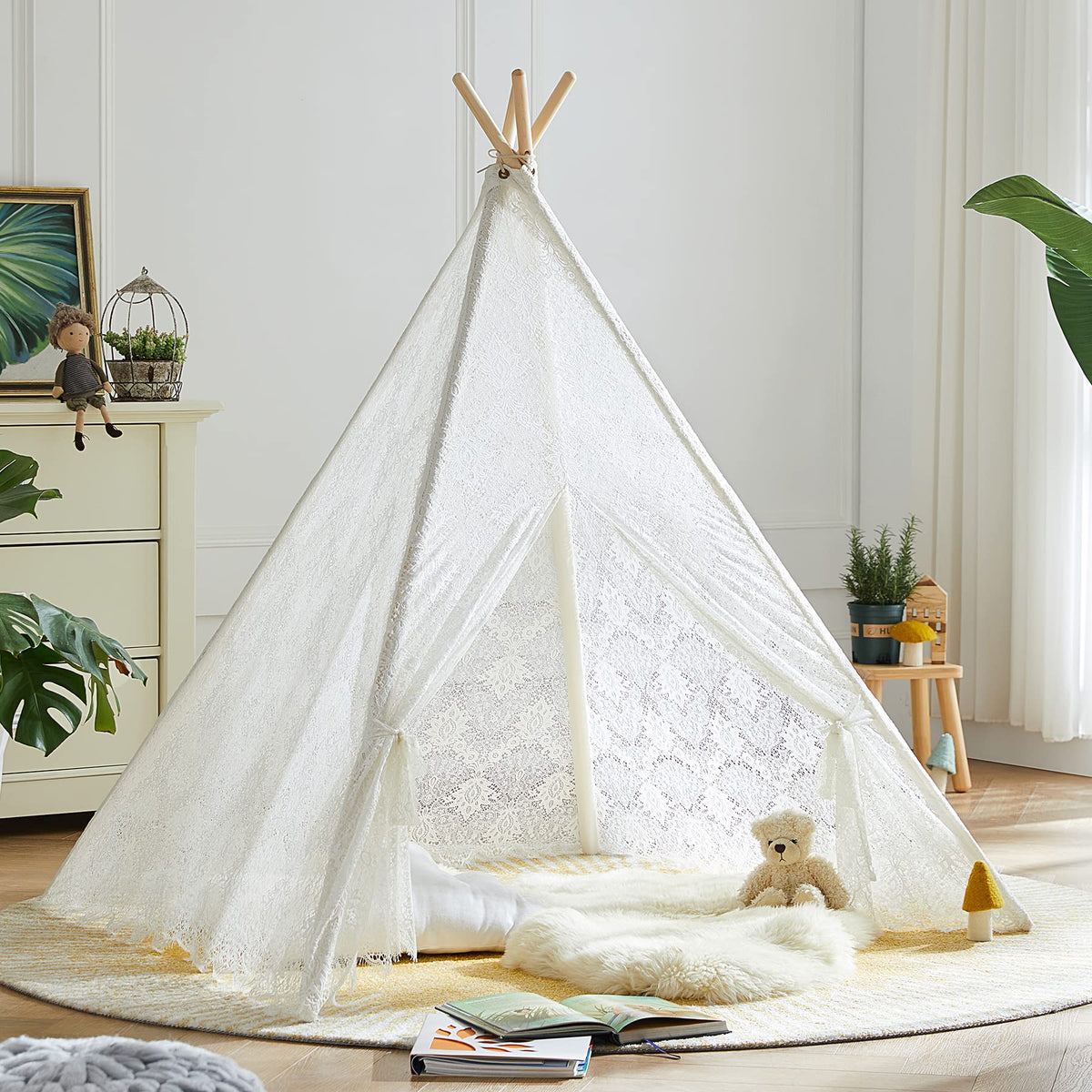 Asweets Kids Teepee Tent with white lace exterior for cozy indoor play