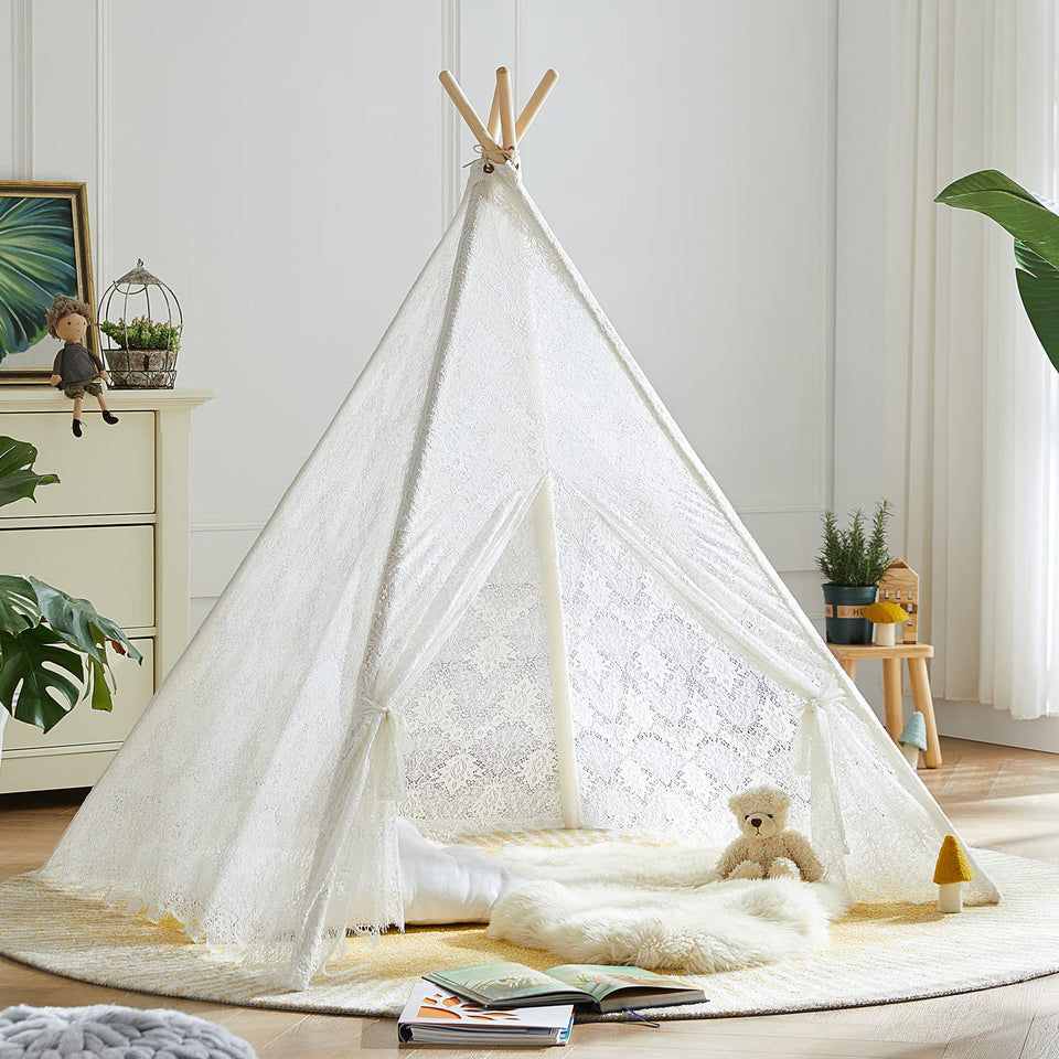 Asweets Kids Teepee Tent with white lace exterior for cozy indoor play
