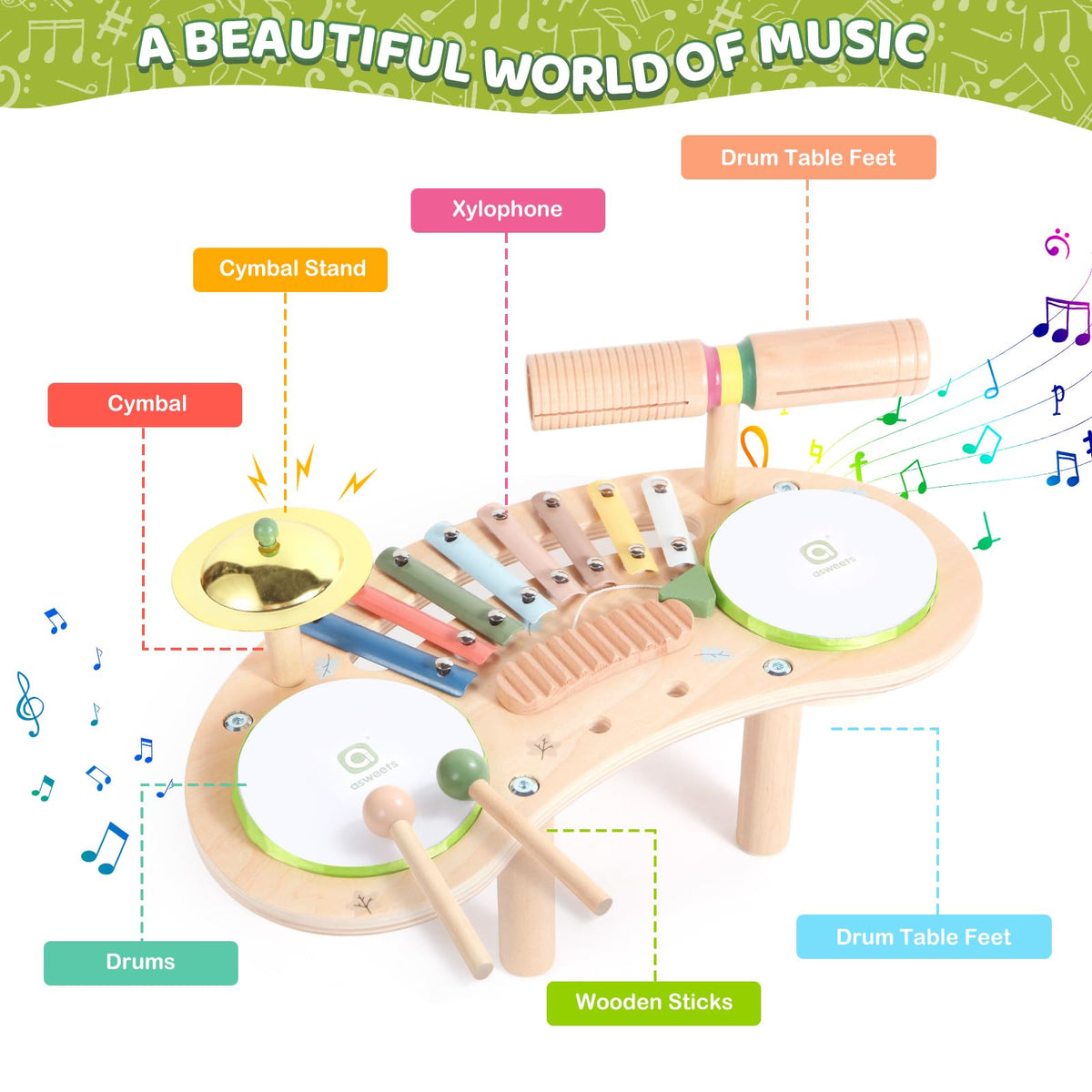 Asweets Montessori-inspired play promotes sound exploration and motor skills.