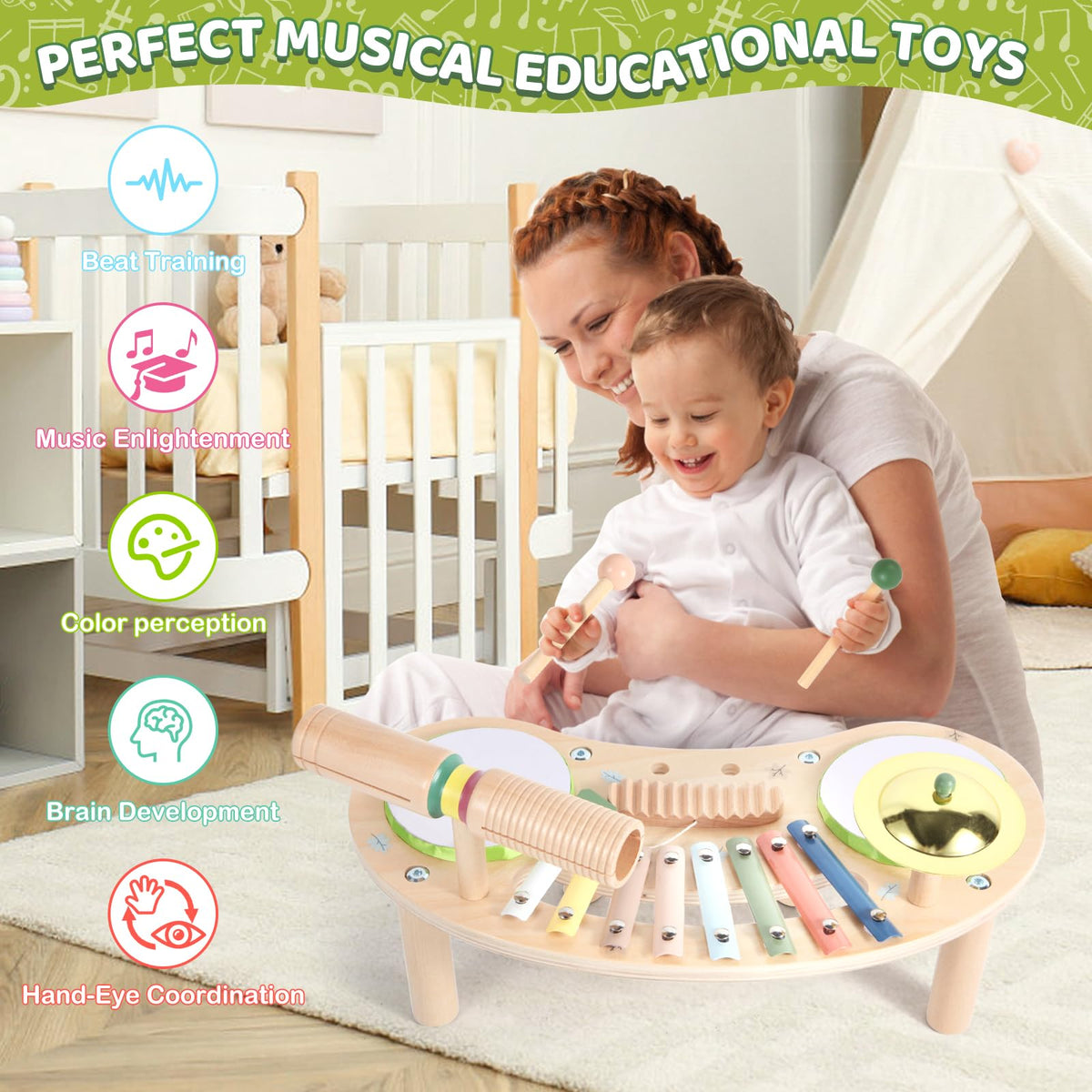 Asweets moon-shaped music table image emphasizes sensory discovery and color learning.