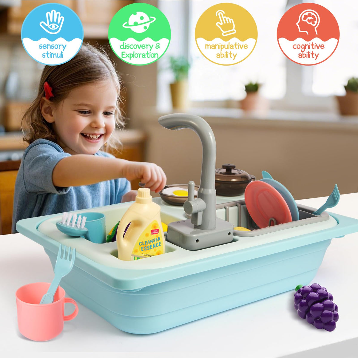 Asweets 180-degree rotatable faucet enables versatile pouring during pretend play.
