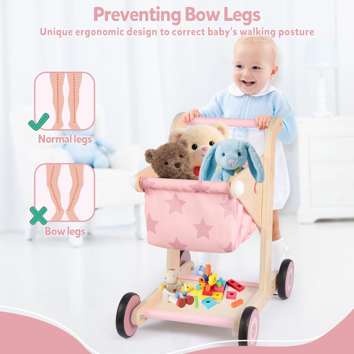Asweets wooden wheels with rubber coating for smooth movement on pink walker