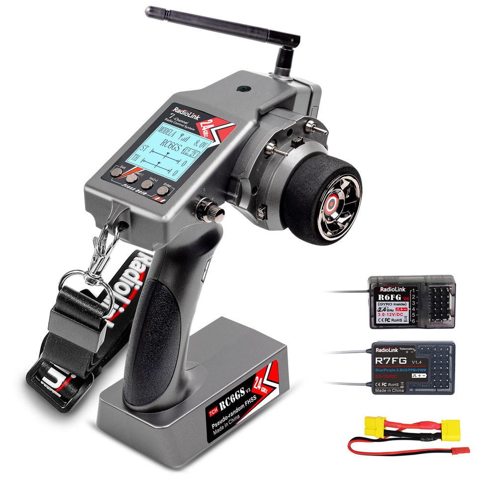 ATA HOBBY Radiolink RC6GS V3 transmitter front view, ergonomic grip for comfortable extended sessions.