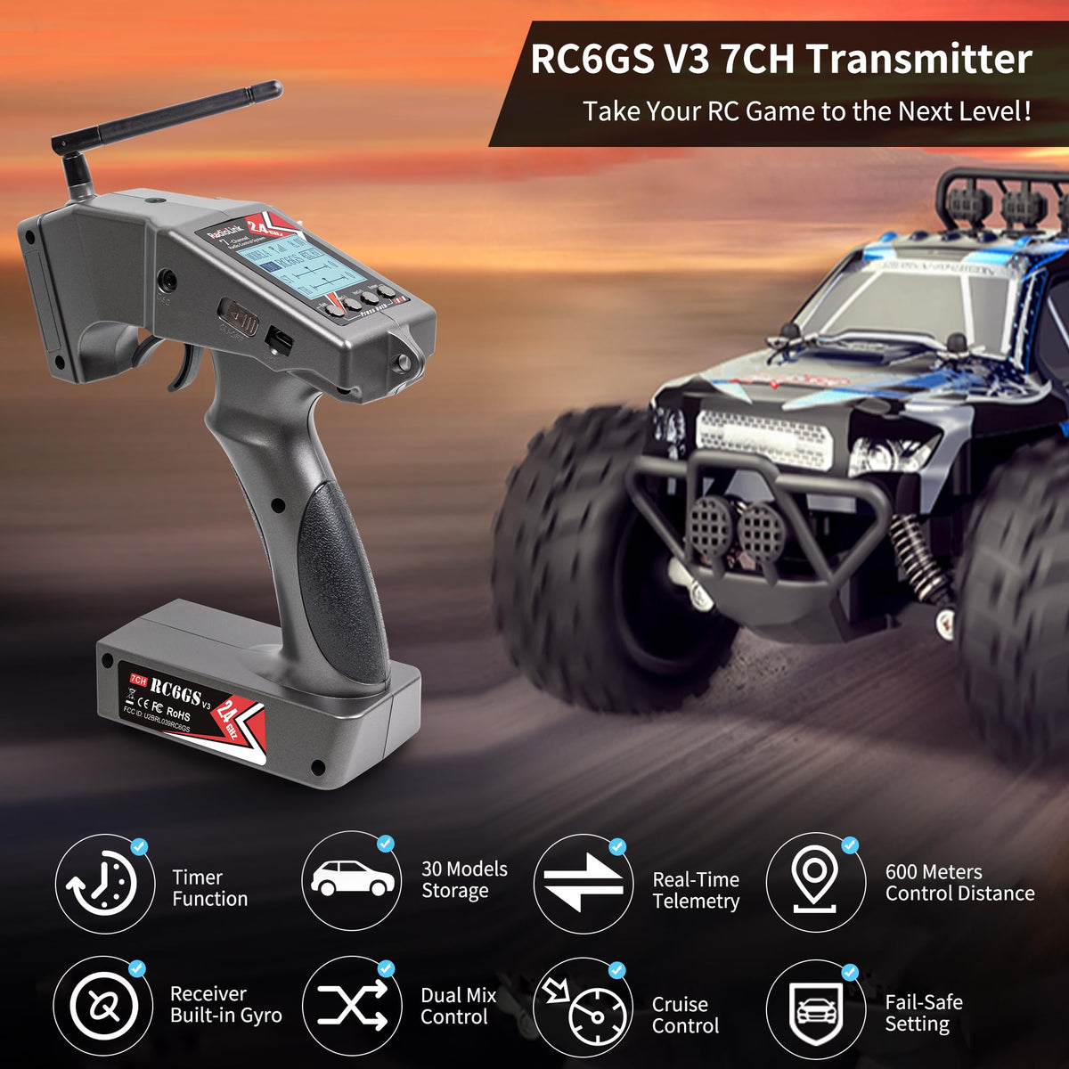 ATA HOBBY Radiolink RC6GS V3 transmitter side view for compact, easy handling.