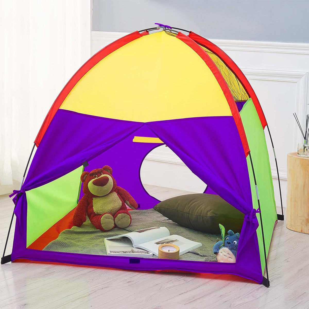 ATDAWN Kids Play Tent colorful design encourages imaginative play and color exploration.