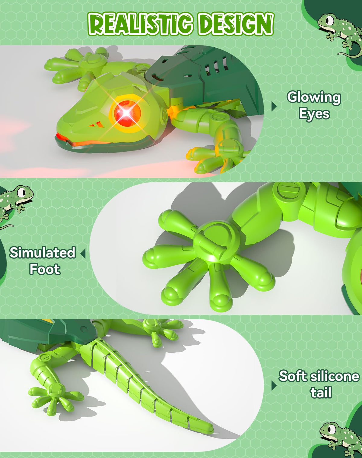 ATHLERIA Gecko with glowing LED eyes for night-time fun.