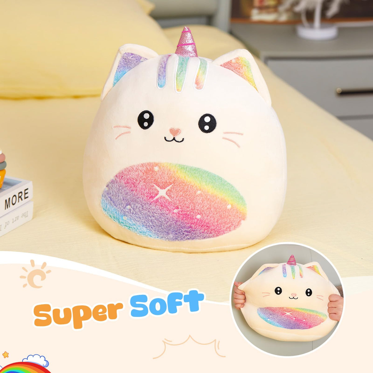 Athoinsu unicorn cat pillow with pastel rainbow belly for playful decor