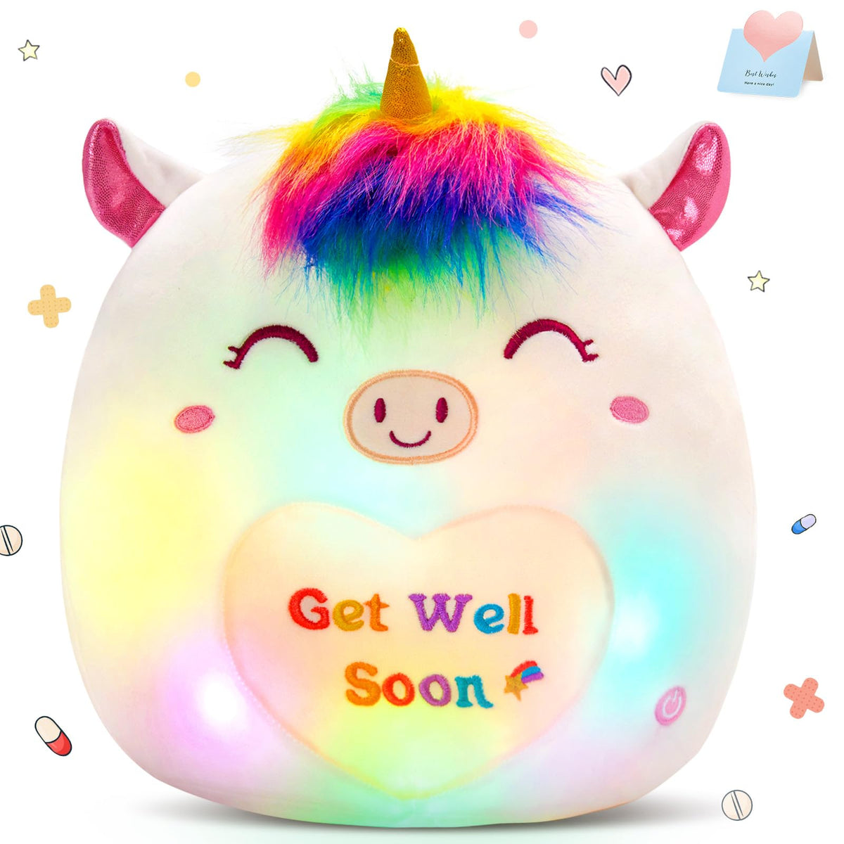Athoinsu Get Well Soon unicorn LED pillow glowing softly on a sofa