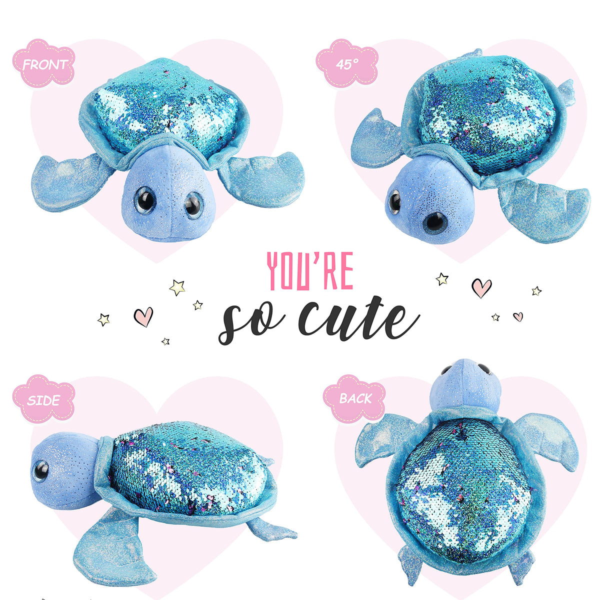 Athoinsu sequin turtle 12-inch-size plush, perfect as a travel companion.