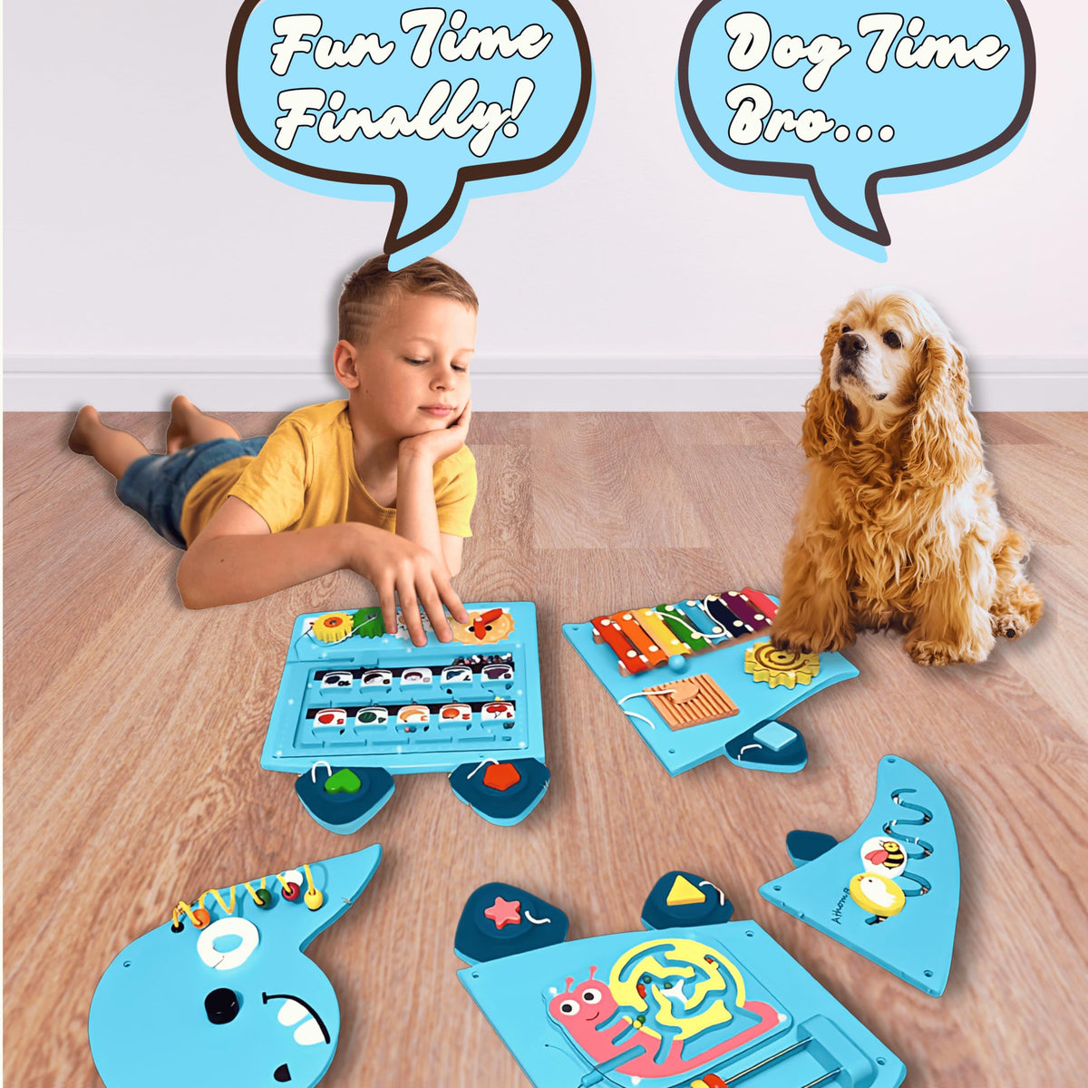 AthomBear Classroom setup with kids exploring the wall busy board in a playroom
