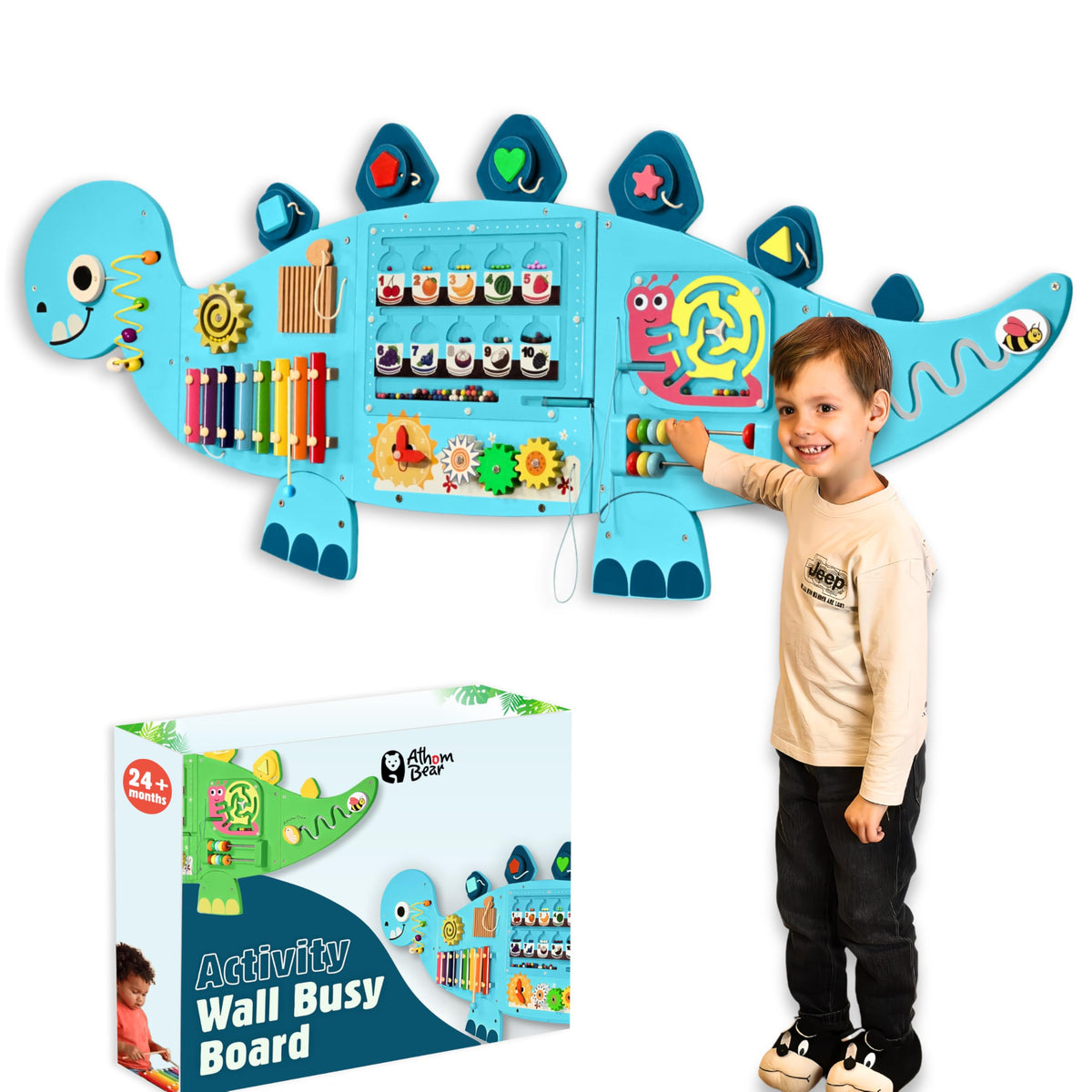 AthomBear Dinosaur Wall Busy Board front view with 12 activities encouraging independent play