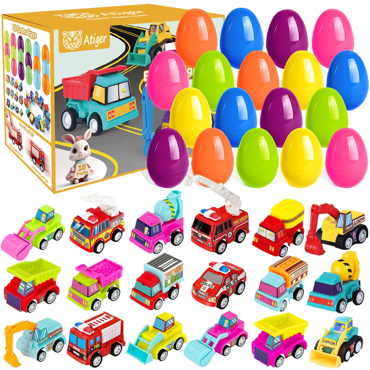 Atiger Easter egg fillers with 18 pre-filled eggs and surprise vehicles for egg hunts.