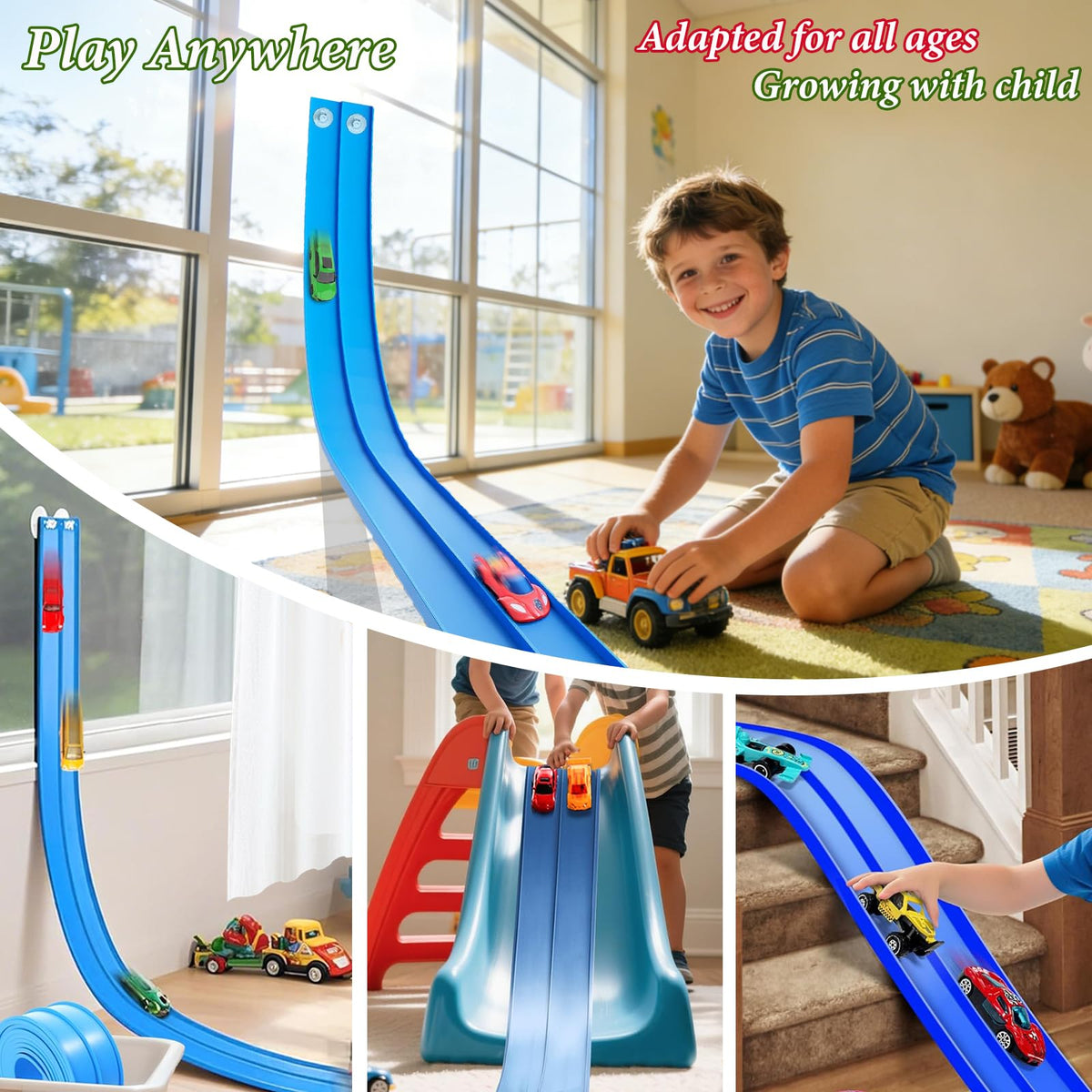 Children playing with the blue Atiger Flex Tracks set