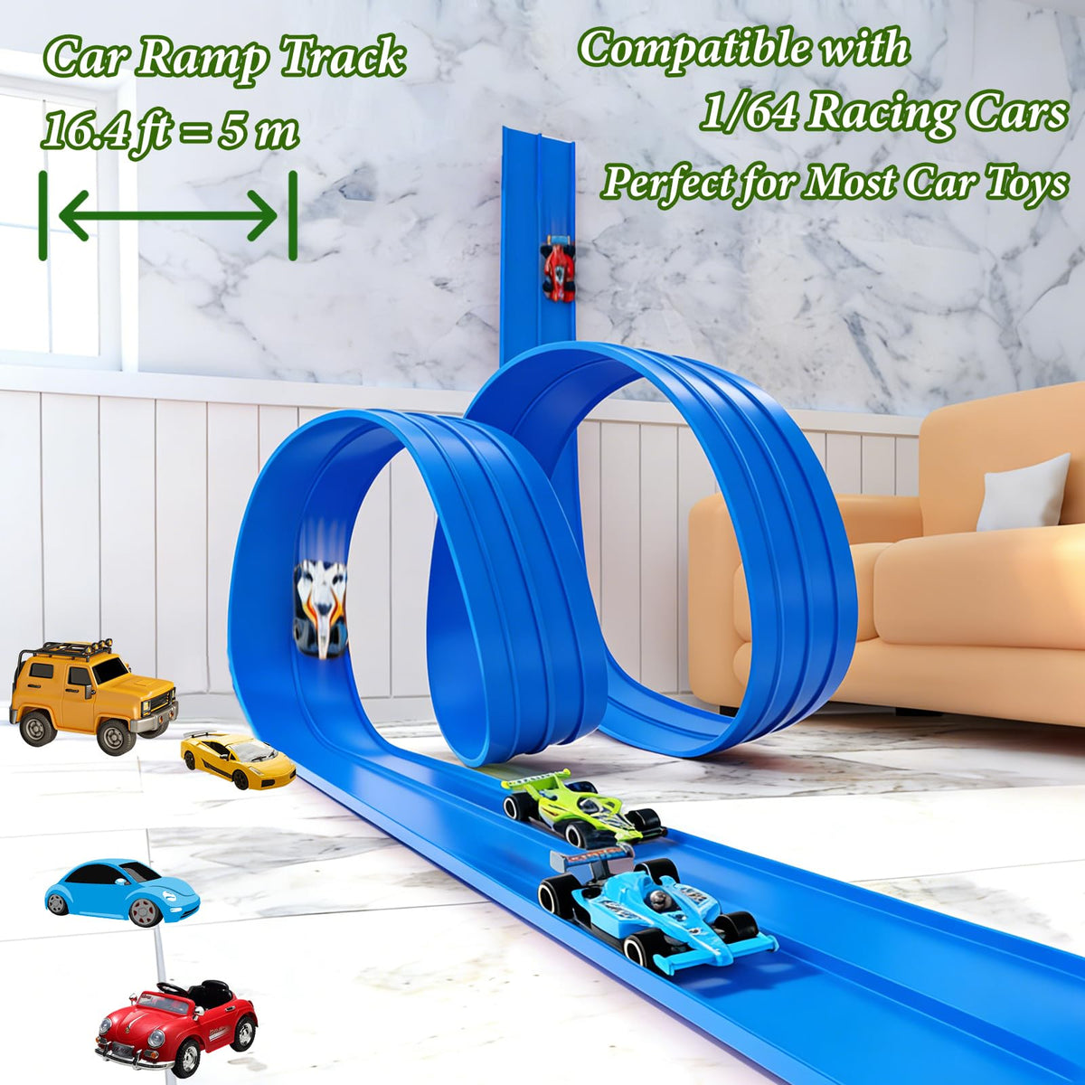Close-up of bendable track forming a loop for fast toy car racing