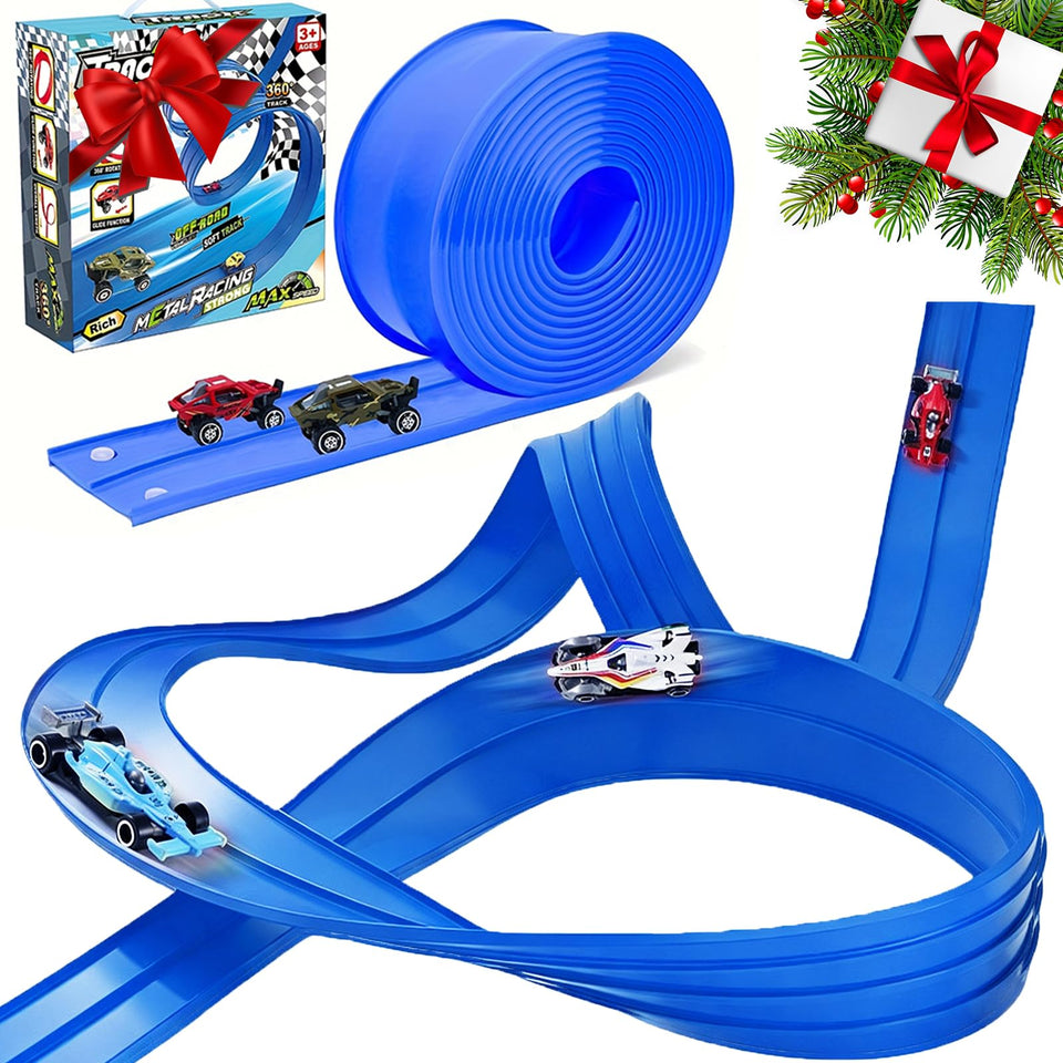 Atiger Flex Tracks blue starter set laid out on the floor for creative play