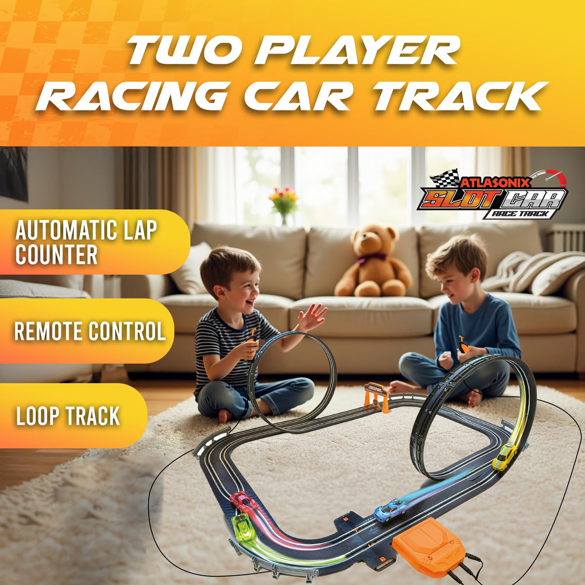 Atlasonix track with glowing headlights for added realism during play