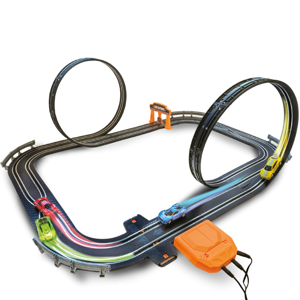 Atlasonix slot car track set with a 160-inch double loop for fast laps