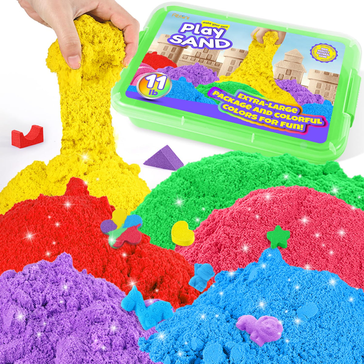 AtMini six-color play sand packs arranged for creative molding.