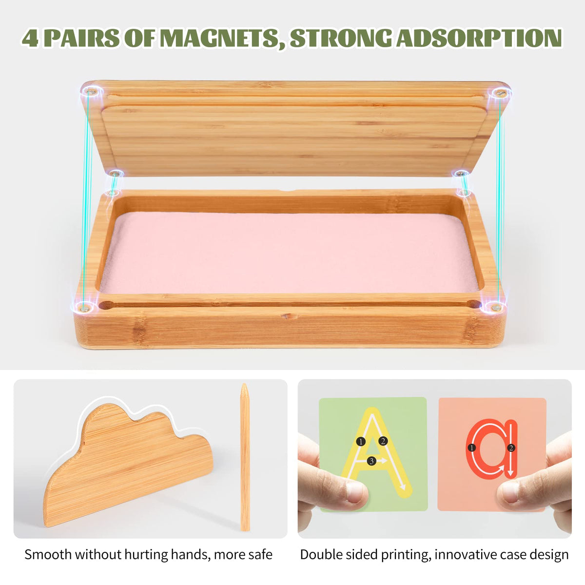 AtMini sand tray open-lid view with pink sand for letter writing.