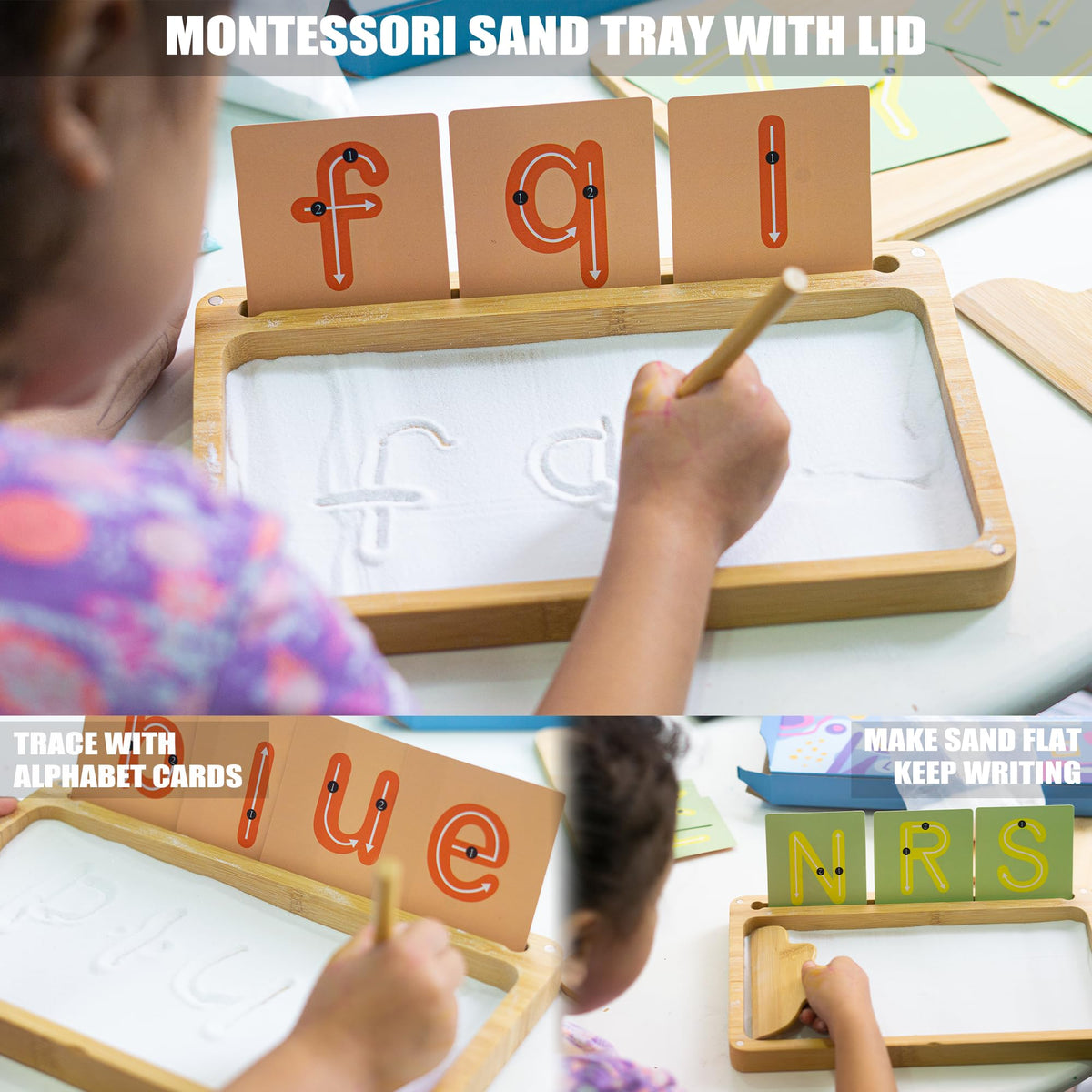 AtMini sand tray wooden scraper for precise sand writing and clean edges.