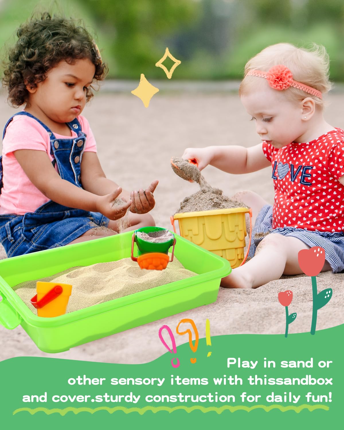 AtMini sensory bin portable tray with handle in green-blue, easy to carry for toddlers.