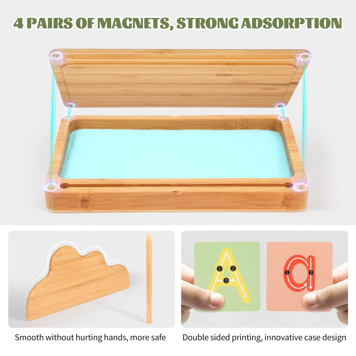 AtMini wooden sand tray with magnetic lid keeps supplies organized during play.
