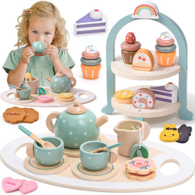 Atoylink wooden tea set cupcake stand for imaginative play and social fun