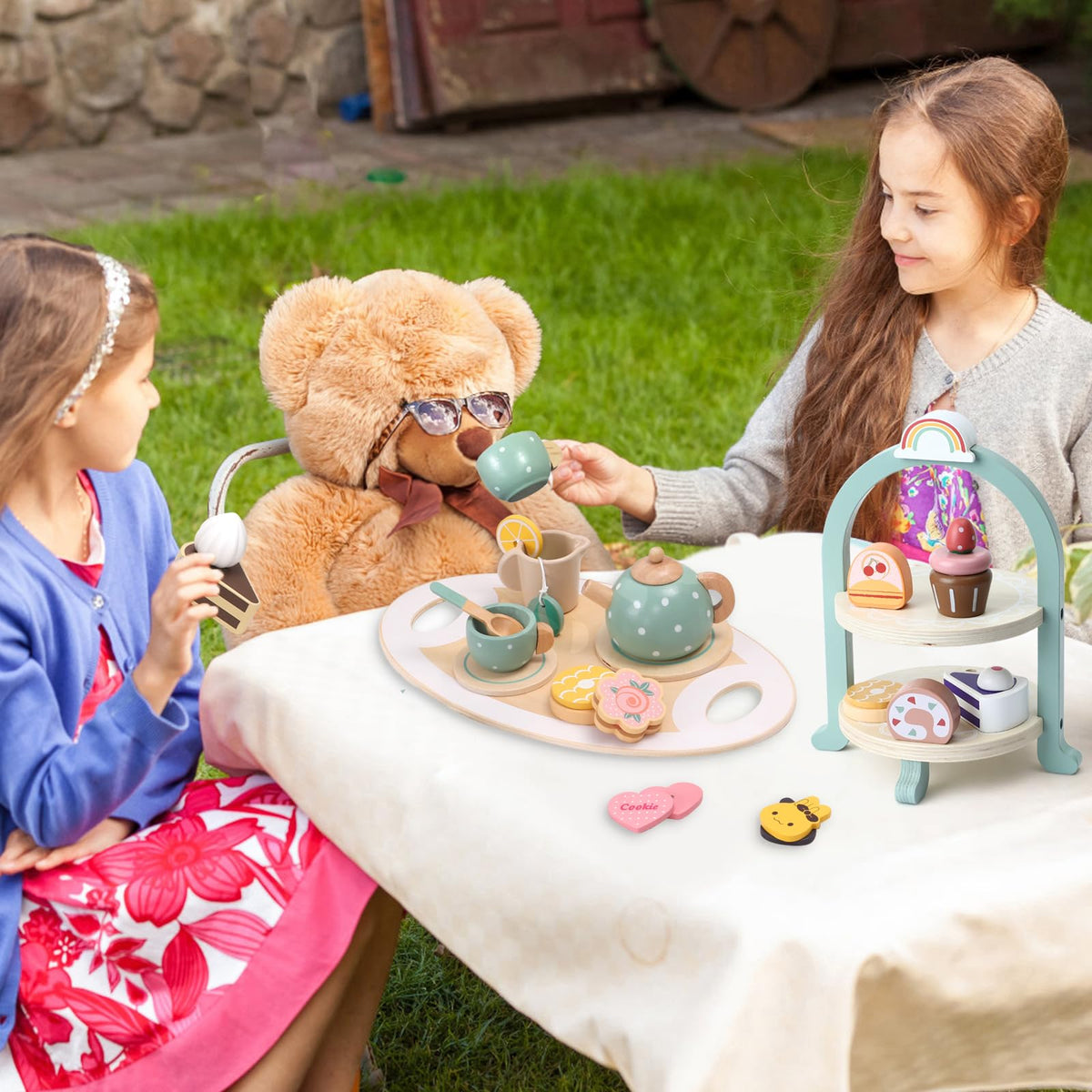 Atoylink wooden tea set cups and coasters for shared play