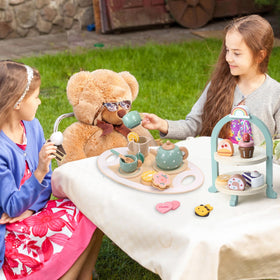 Atoylink wooden tea set cups and coasters for shared play