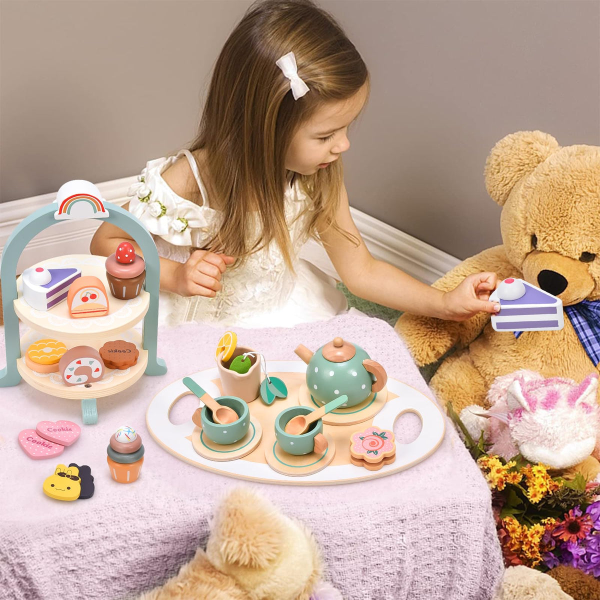 Atoylink wooden tea set teapot featured in a cozy tea party scene